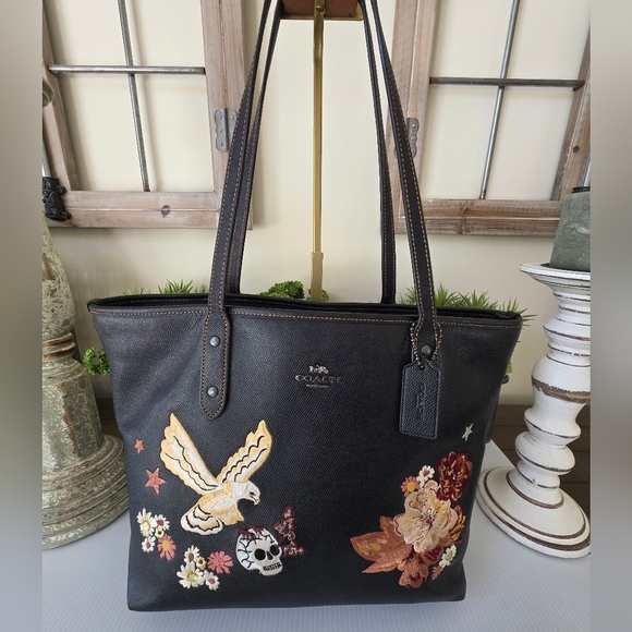 Coach City Zip Tote Tattoo Embroidery Black Crossgrain Leather+Matching Wallet - Picture 3 of 16